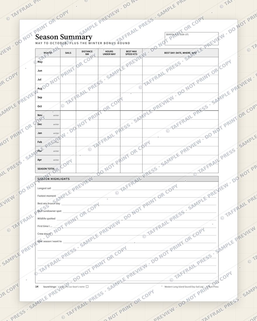 Western Long Island Sound Day-Sail Log — Interior preview 7: Season summary & totals (watermarked sample)